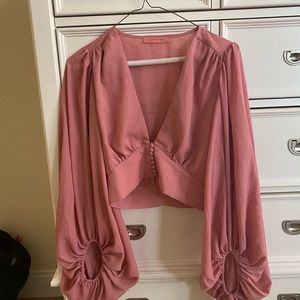 Light pink button up bell sleeve crop top
